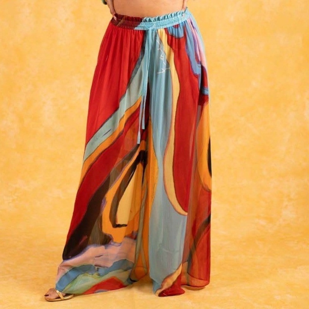 KAI Collective Meera Printed Trousers Isimi Print Blue Chiffon Pants M NWT
